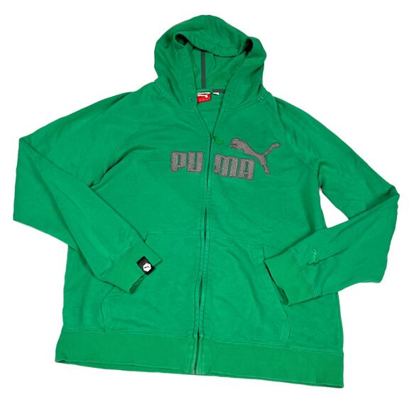 Puma Hoodie‎ Jacket Green Grey Logo Front Full Zip Long Sleeve Women's Large - Picture 1 of 15